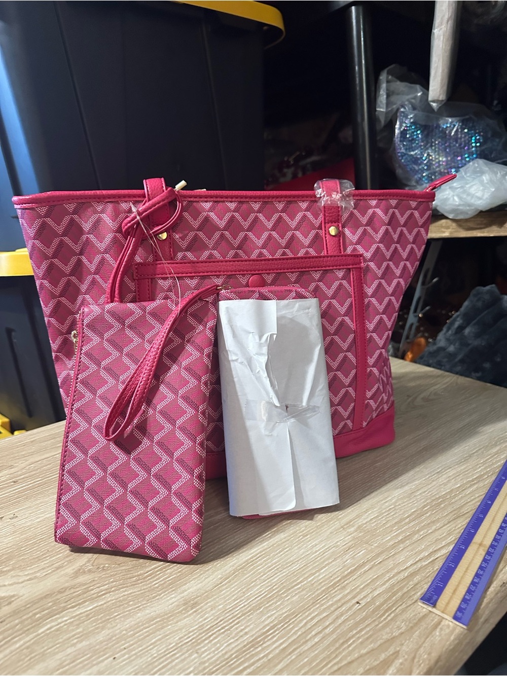 3 PC Vibrant Pink Patterned Tote with Matching Wristlet & Wallet